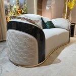 Curved Luxury Sofa Set with Fan Quilted Craftsmanship, High-Gloss Natural Burl Wood Veneer & Gold Stainless Steel Detailing